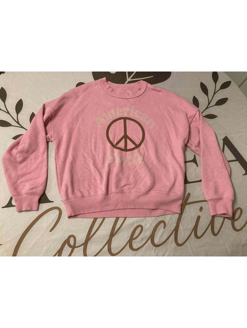 American Eagle Pink Crewneck Small Sweatshirt with Peace Sign Graphic